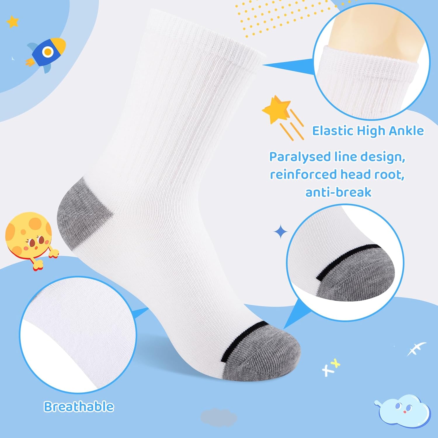 20 Pairs Boys Crew Socks, Athletic School Socks for Kids 4-6/6-8/8-10/10-12 Years, Thin & Breathable Bulk Pack - Image 4