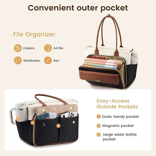 LOVEVOOK LOVEVOOK Teacher Tote Bag for Women, Laptop Bag Briefcase with Accordion File Pocket, Nurse Handbag for Work, Travel, College | 40oz Cup Holder, Muli-Pockets in use