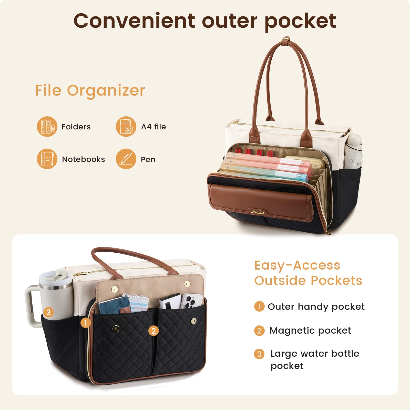LOVEVOOK LOVEVOOK Teacher Tote Bag for Women, Laptop Bag Briefcase with Accordion File Pocket, Nurse Handbag for Work, Travel, College | 40oz Cup Holder, Muli-Pockets in use