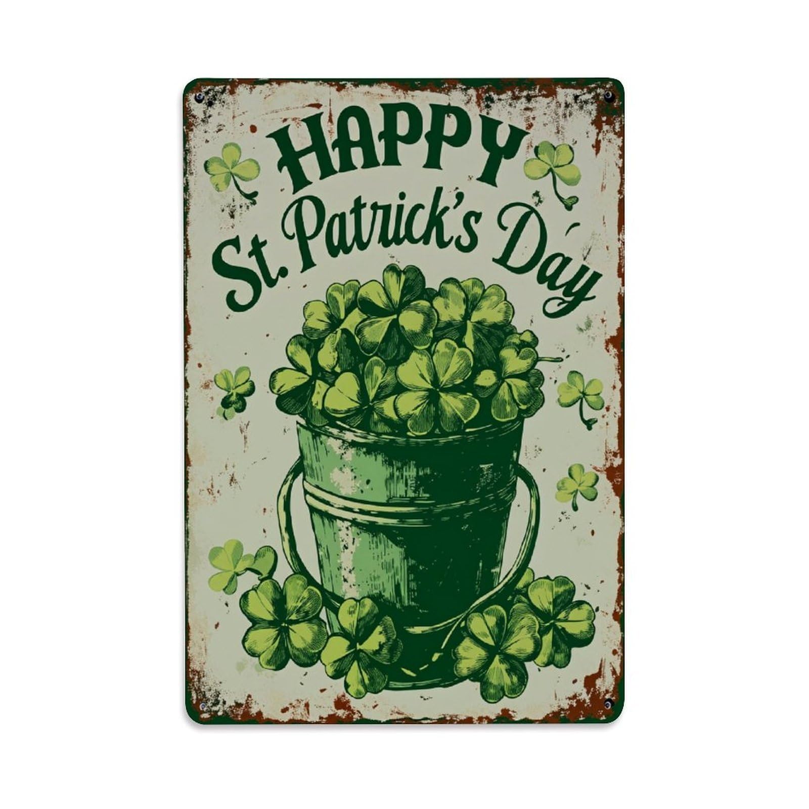 Enderetf Vintage Happy St Patrick's Day Clover Bucket Tin Sign Metal Poster, Home Bar Garage Man Cave Cafe Indoor & Outdoor Wall Decoration 8X12inches