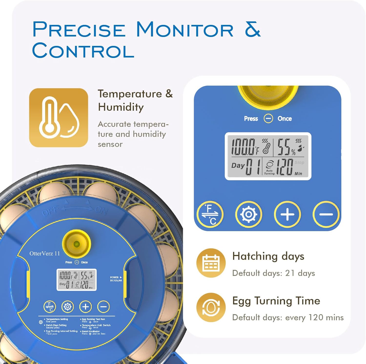 OtterVerz 11 Egg Incubators for Hatching 18-36 Chicken/Quail/Turkey Eggs, 360° View Poultry Incubator with Automatic Egg Turning and Humidity Control, Suitable for Farm, Classroom, Home