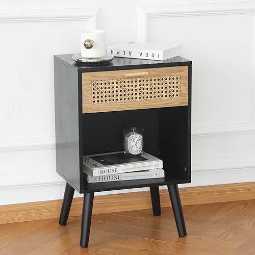 Miniatura 2 de MaxSmeo Mesita de noche moderna de mediados de siglo, mesa auxiliar de ratán con cajón para mesita de noche, sala de estar, dormitorio y espacios