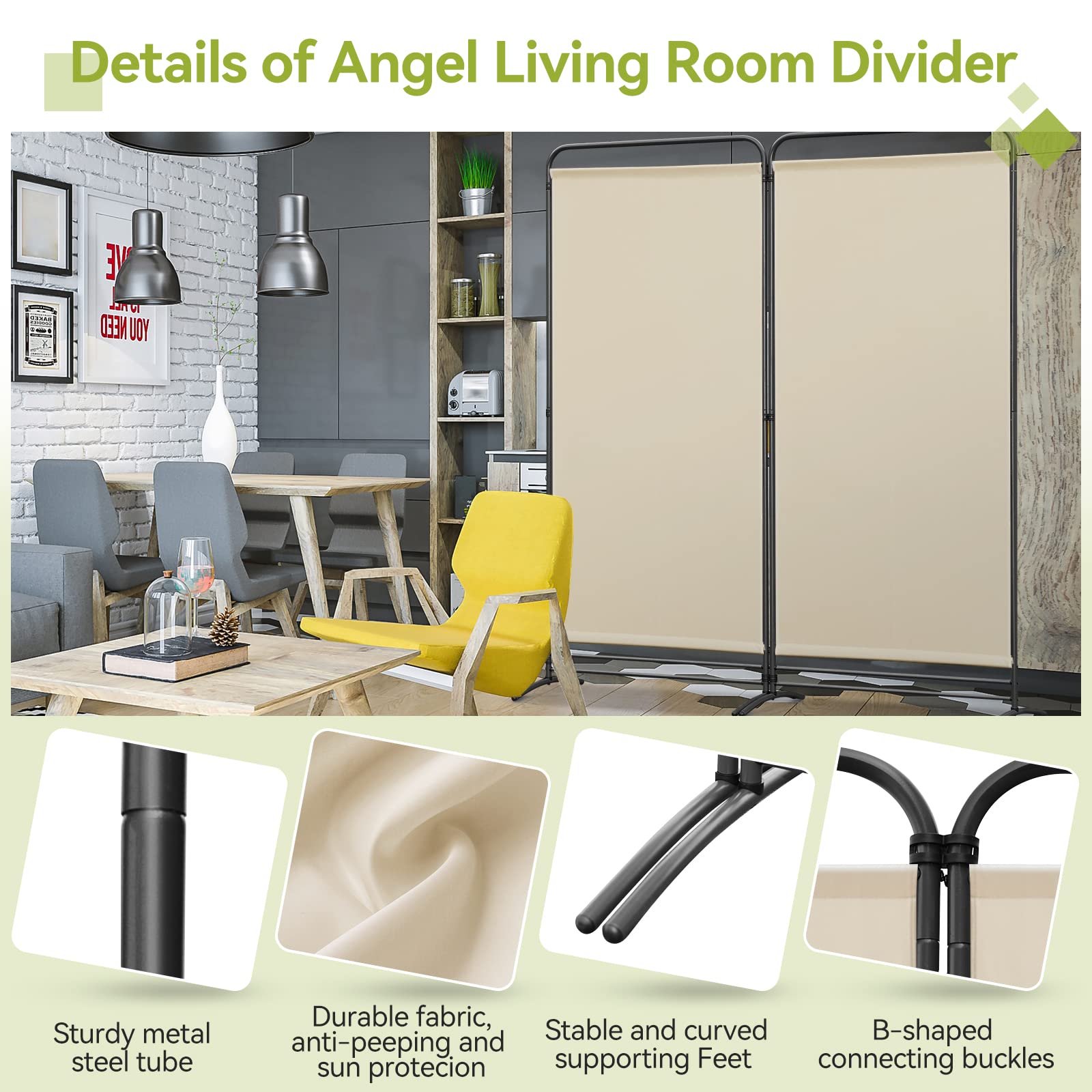 Angel Living Paravent 2 Panneaux Pliable Diviseurs de Chambre Séparateur de Panneaux Indépendant Paroi de Séparation Murale Séparation Visuelle pour Bureaux, Chambre à Coucher, 180 x 162cm (Beige)