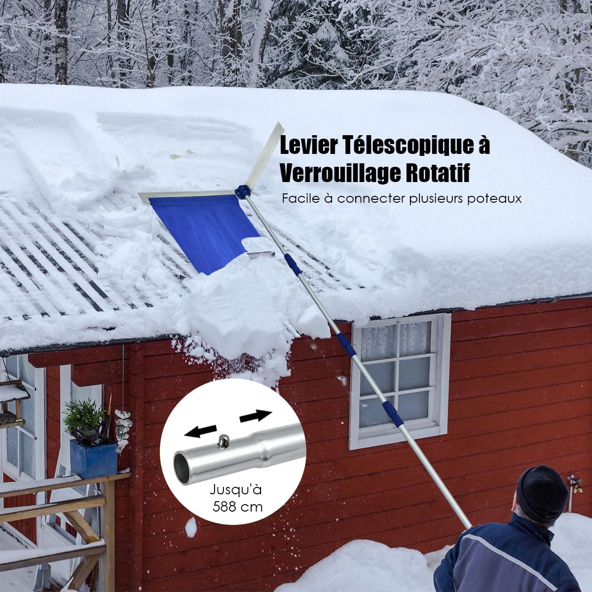 GYMAX Râteau à Neige pour Toit ou Voiture, Tige Télescopique 189 à 620 cm, Lame en Aluminium avec Toile Oxford, 2 Modes de Nettoyage, Poignée Antidérapante