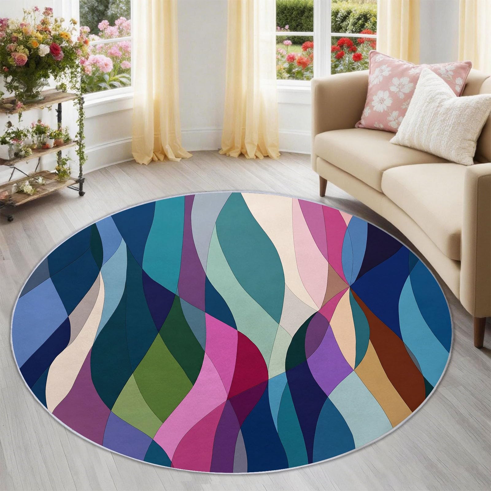 Moquette antidérapant et tapis rond salon de 100 cm avec courbe croisée colorée abstraite