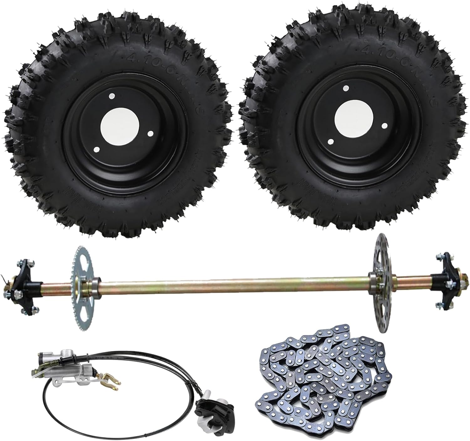 4.10-6 ATV Go Kart Wheel Tire Tubeless & 29" Live Rear Axle Kit & Brake Caliper Assembly & Chain for DIY Upgrade ATV UTV Karting Drift Trike Golf Cart Quad Buggy Dune Four Wheeler Tricycle