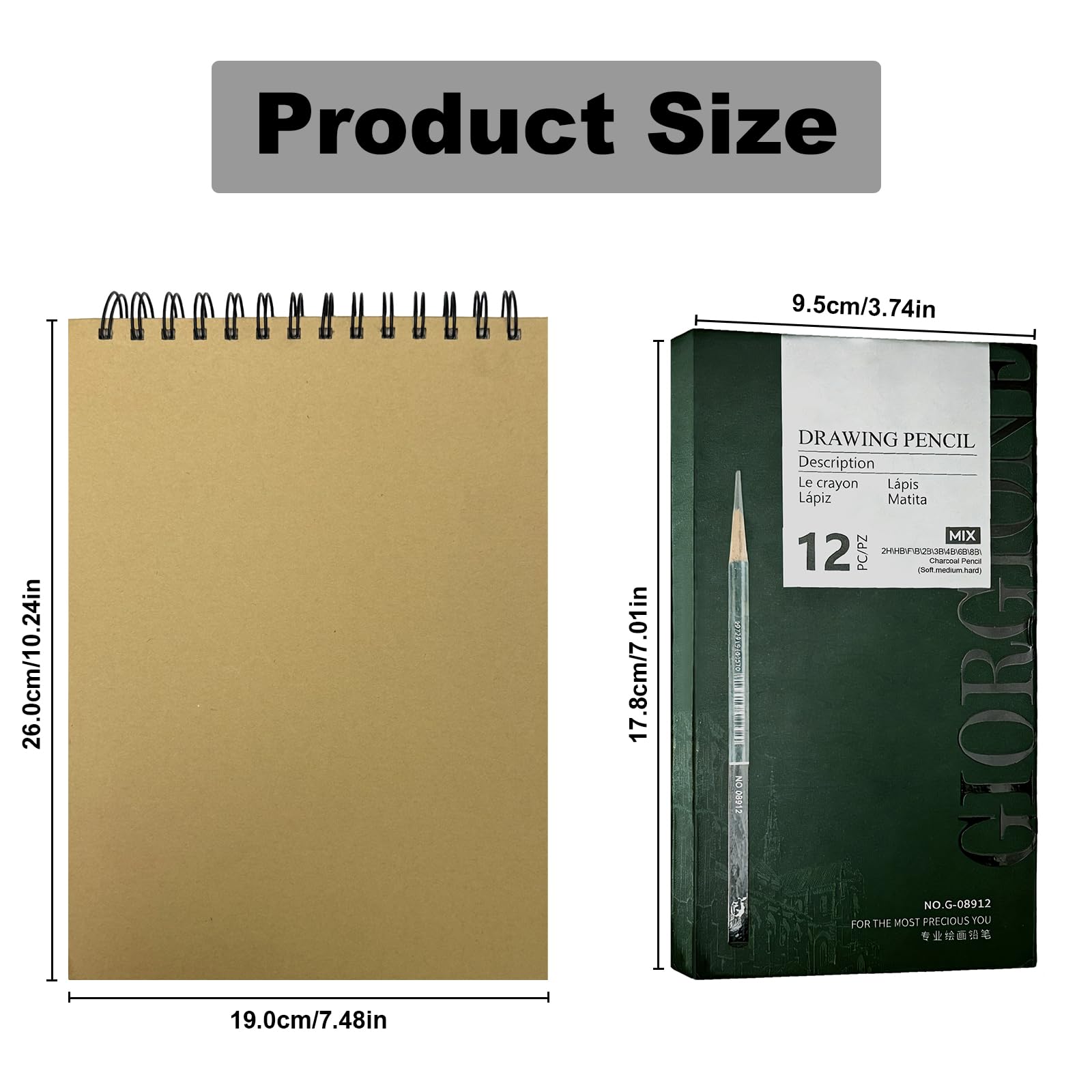 Juego de cuaderno de bocetos y lápices, tapa dura encuadernada en espiral con 60 hojas y 12 lápices de carbón (duro/medio/suave) para artistas profesionales y principiantes