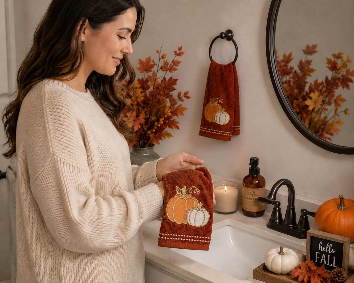 Serafina Home Autumn Fall Fingertip Towels for Bathroom: Rust Dark Embroidered Orange White Pumpkins with Stitched Border Design, 100% Cotton, Set of 2, 12" x 18" Festive Bath & Kitchen Decor