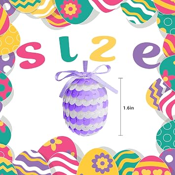 30 Pcs Easter Hanging Sequin Eggs, 1.6 Stripes Easter Eggs Ornaments with Bow, Glitter Spring Hanging Egg Tree Ornaments for Party Birthday Home Garden Decoration