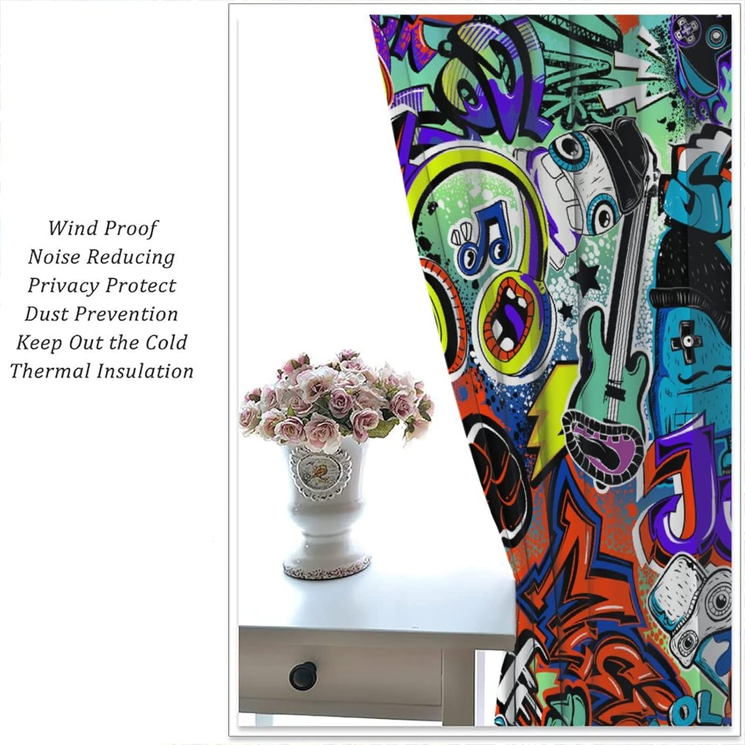 Graffiti Blackout Curtain Hip Hop Style Colorful Abstract City Wall Graffiti Art Print for Boys Bedroom Living Room Bathroom Decor Rod Pocket Window Drapes 2 Panels 52x84in