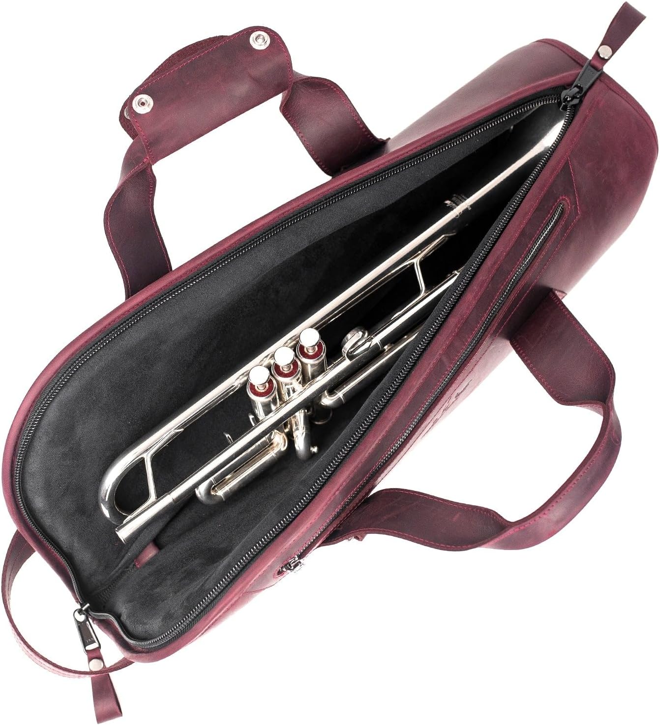 Leather Trumpet Gig Bag. Padded, Lightweight & Water-Resistant, w. Shoulder Strap & Handle. Durable Protection w. Accessory Pocket. Instrument Case Storage & Travel (Trumpet, marsala)