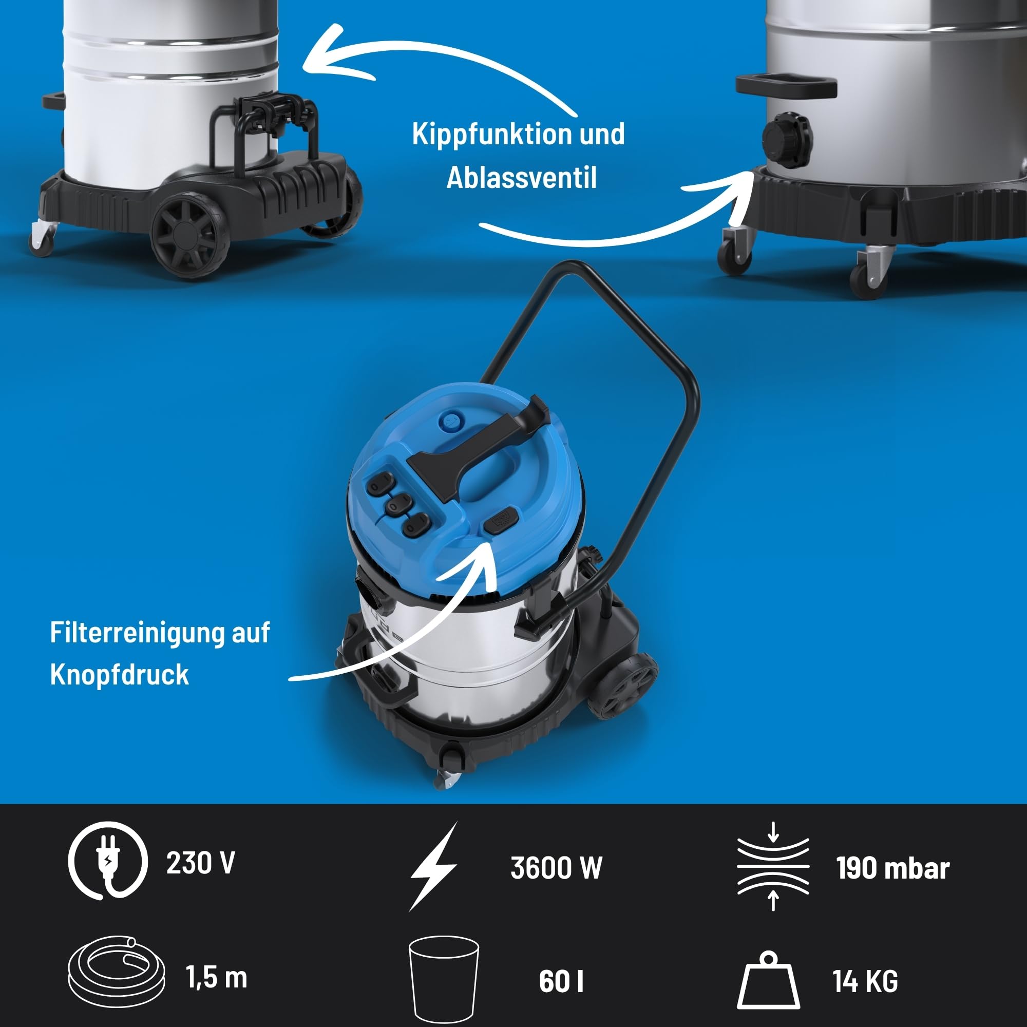 Güde GNTS 3-60L - Aspirador en seco y húmedo (230 V, 3600 W, 3 Motores eléctricos, presión Negativa de 190 milibar, depósito de Acero Inoxidable, Limpieza de Filtro, Manguera de aspiración, Tubo de