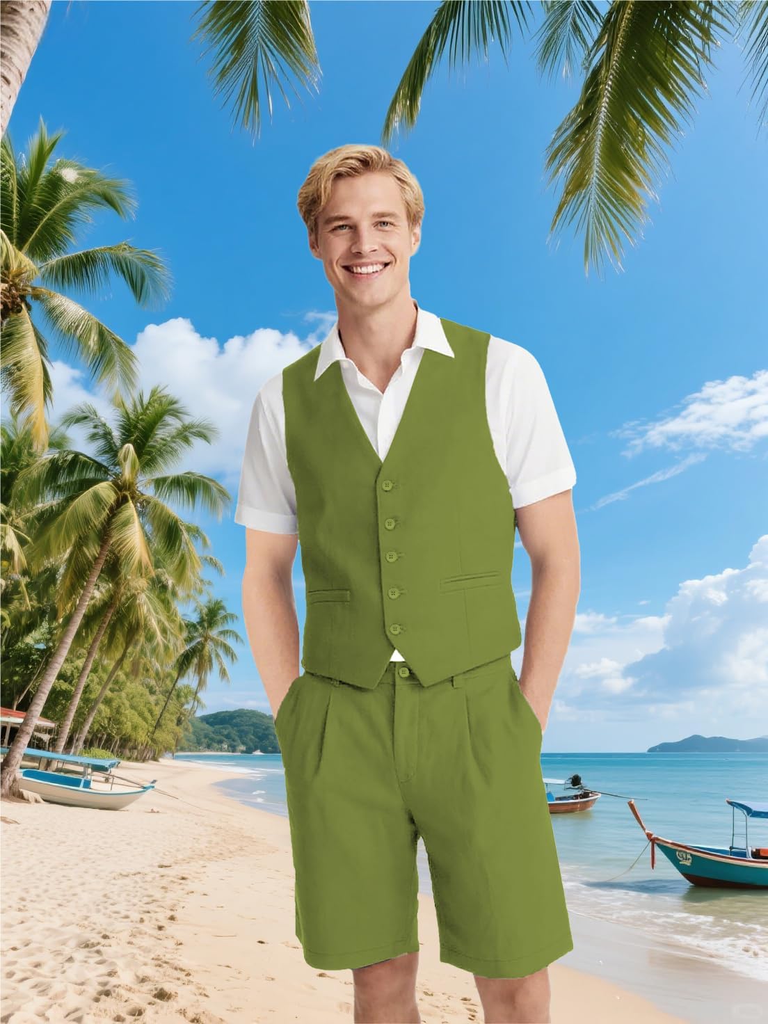 UNINUKOO Men's Linen Suit 2 Piece Vest and Shorts Suits for Men Summer Beach Weddings Set Dress Casual Party Tuxedo Suit Set