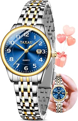 Taxau Two Tone Watches for Women Small Dial Womens Watch Ladies Stainless Steel Waterproof Easy Read Womens Watch with Date Dress Analog Quartz Women Wrist Watches Reloj para Mujer Silver/Blue Dail