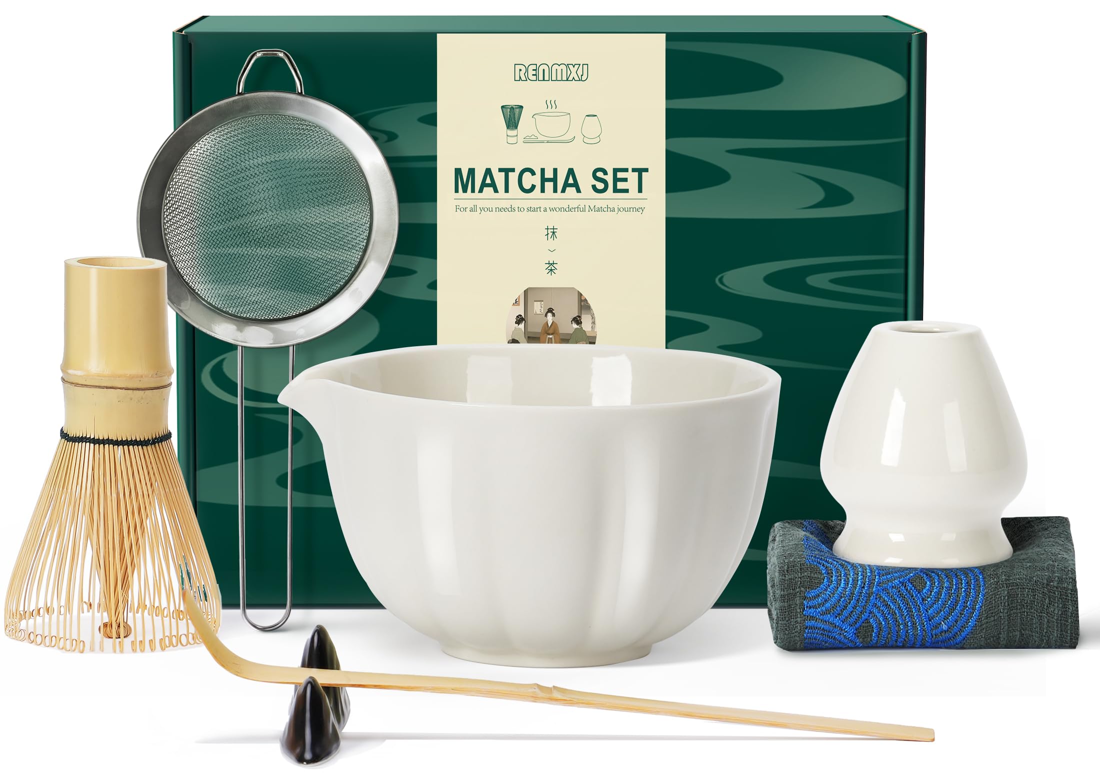 Renmxj 7-Piece Matcha Whisk Set - Ceramic Bowl, Bamboo Whisk, Scoop, Sifter & Towel, Complete Kit For Matcha Lovers