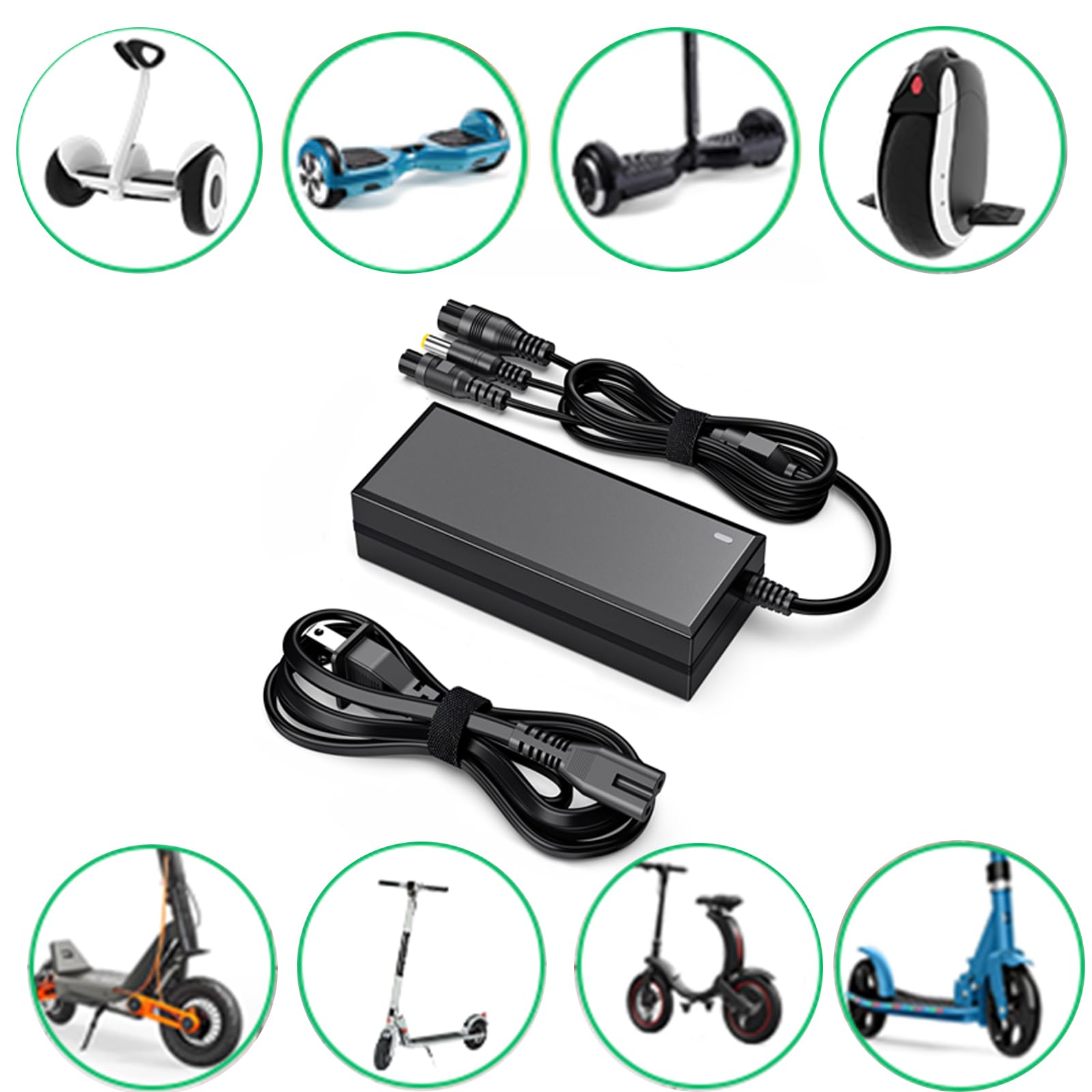 Cargador tres en uno de 42V 2A (0.315 in/0.472 in) con orificio interior (0.217 in, 0.083 in), adecuado para baterías de litio de 36V. Compatible con todas las marcas de cargadores motorizados de scooter 5