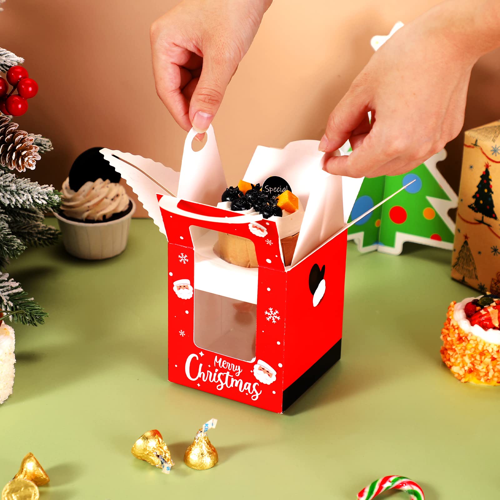 24 Pcs Christmas Cupcake Boxes Christmas Cookie Boxes with Window Insert Handle Christmas Muffin Pastry Holder Boxes Xmas Cupcake Gift Box Bakery Treat Boxes for Christmas Party (Santa Claus)