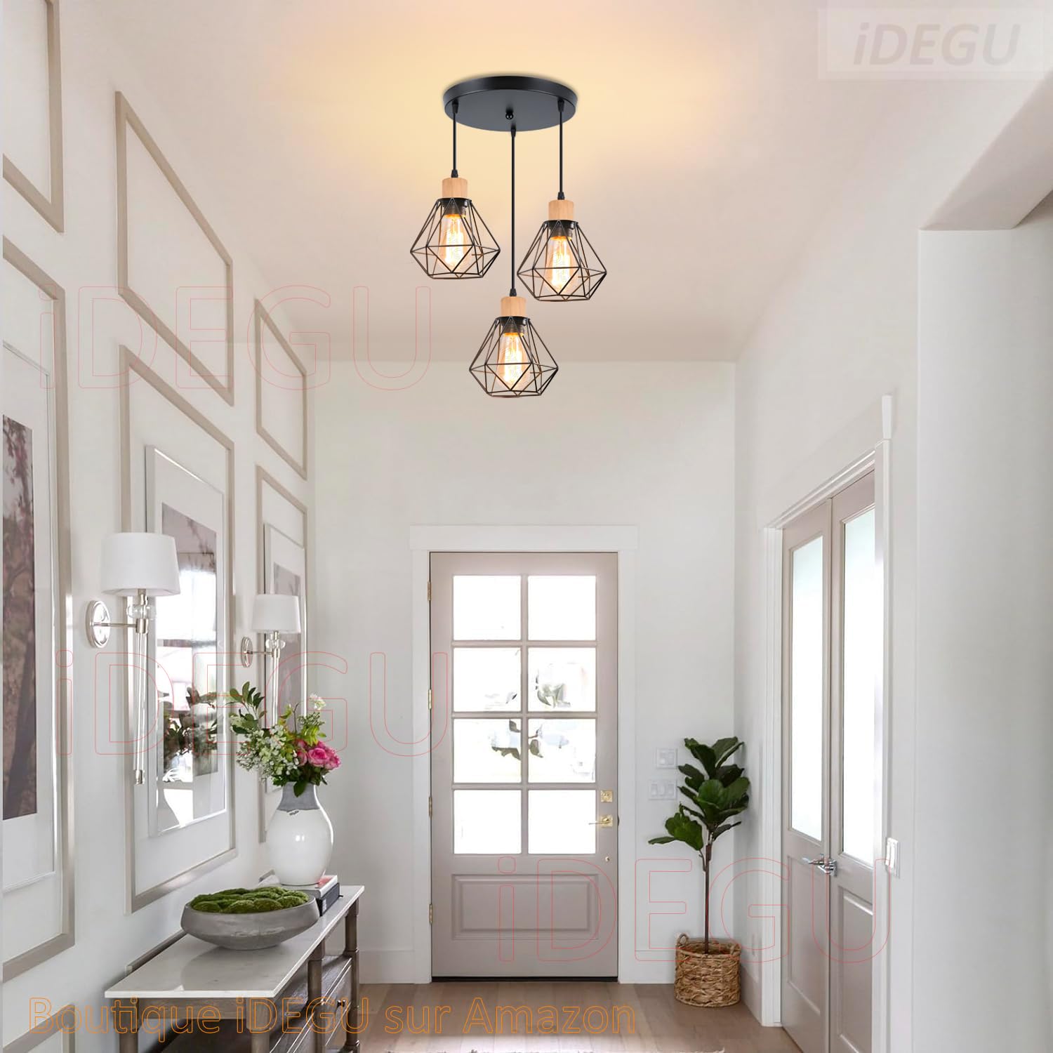 iDEGU 3 Lampes Suspension Luminaire Industrielle Métal Bois Lustre Plafonnier Style Cage Géométrique Éclairage E27 Lampe de Plafond Vintage pour Chambre Salon Cuisine, Noir, Ø 16cm (Cercle)