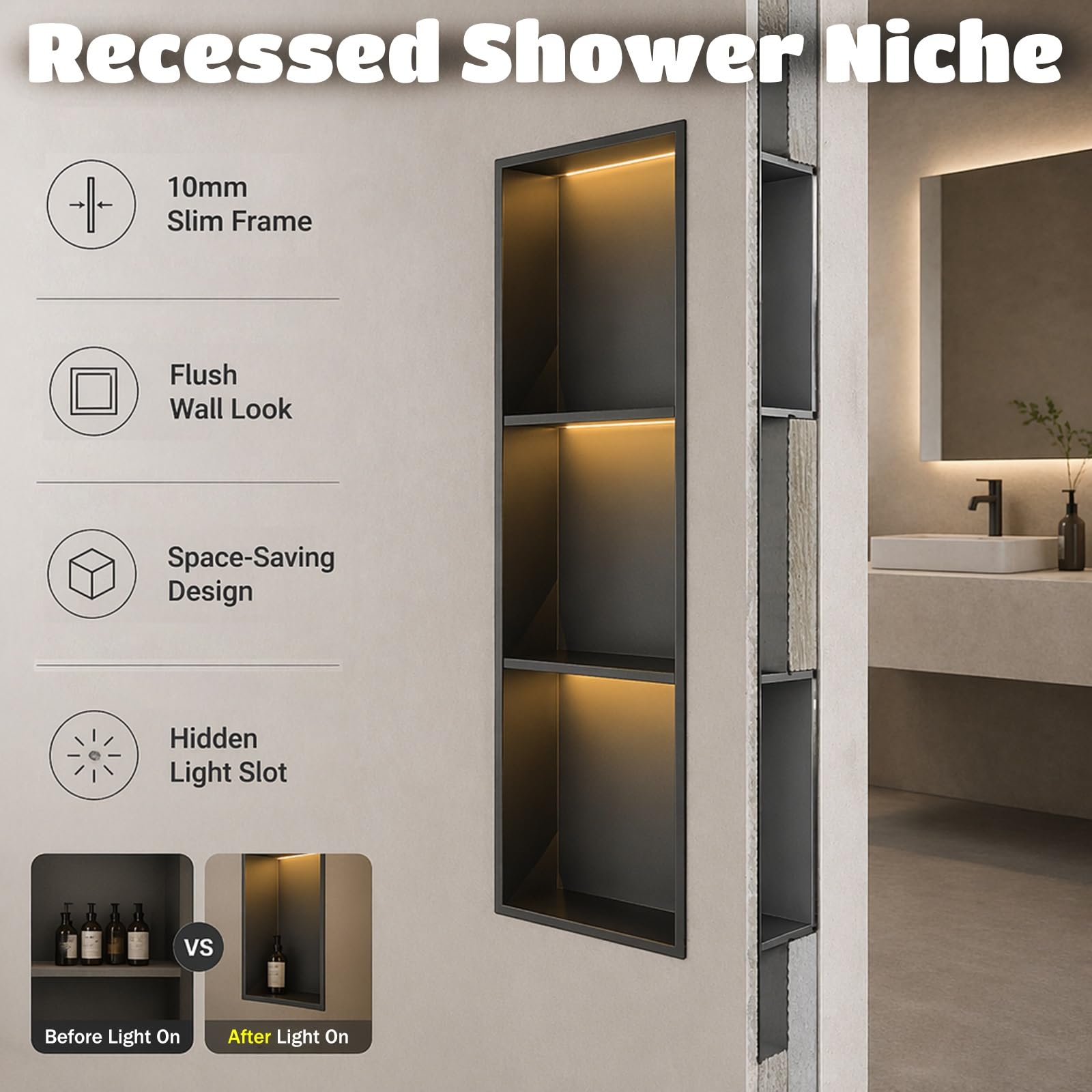 Duschnische Mattschwarze Duschnische Mit LED-Leuchten, Wasserdicht, Unterputz-Medizinschrank, Rechteckig, Vorgefertigte Badezimmerecke Mit Mehreren Regalen(1-Tier)