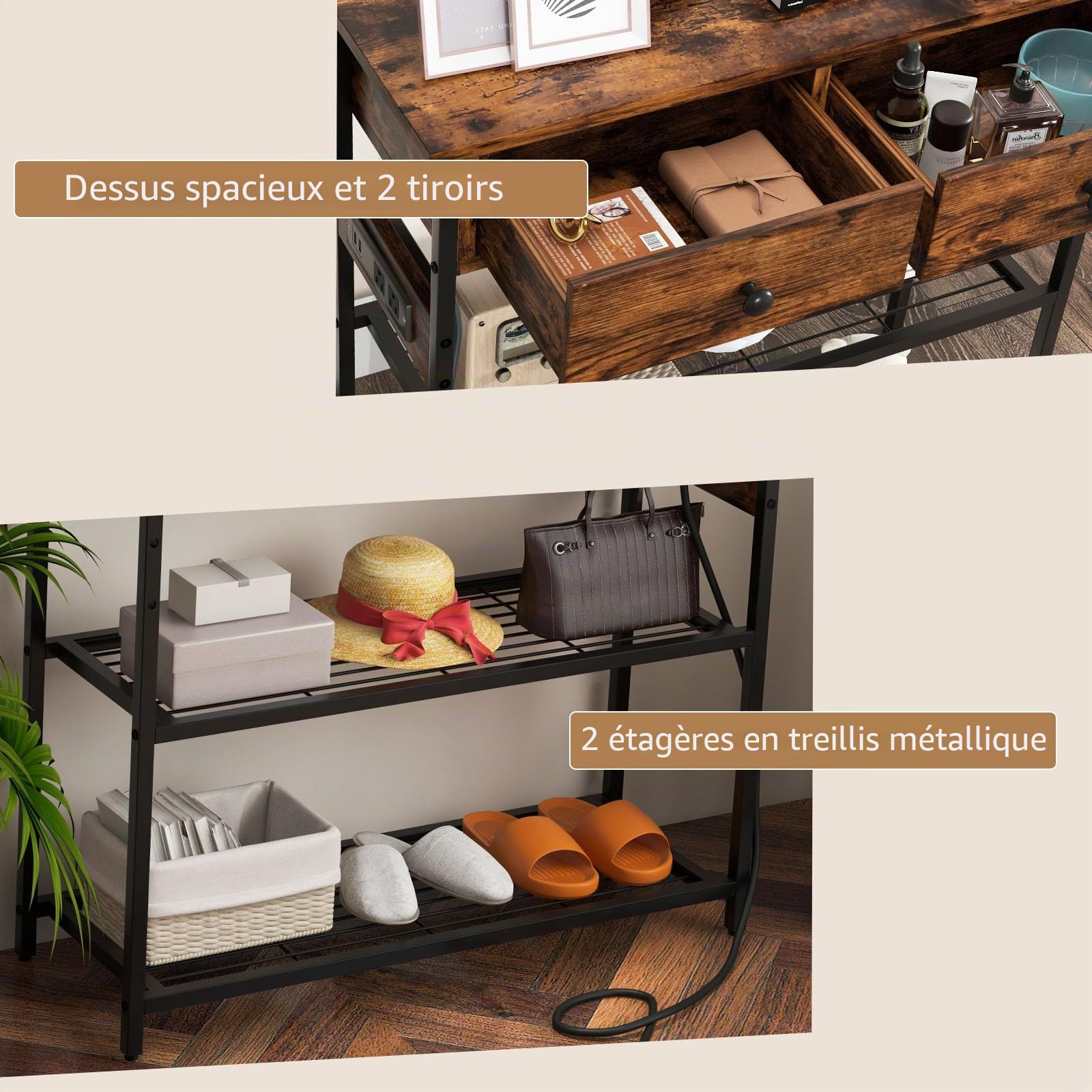 LIFEZEAL Table Console avec Prise de Courant et Ports USB, Table de Couloir Industrielle Ports USB, Meuble d’Entrée avec 2 Tiroirs, 81 x 30 x 81 cm, Marron+Noir