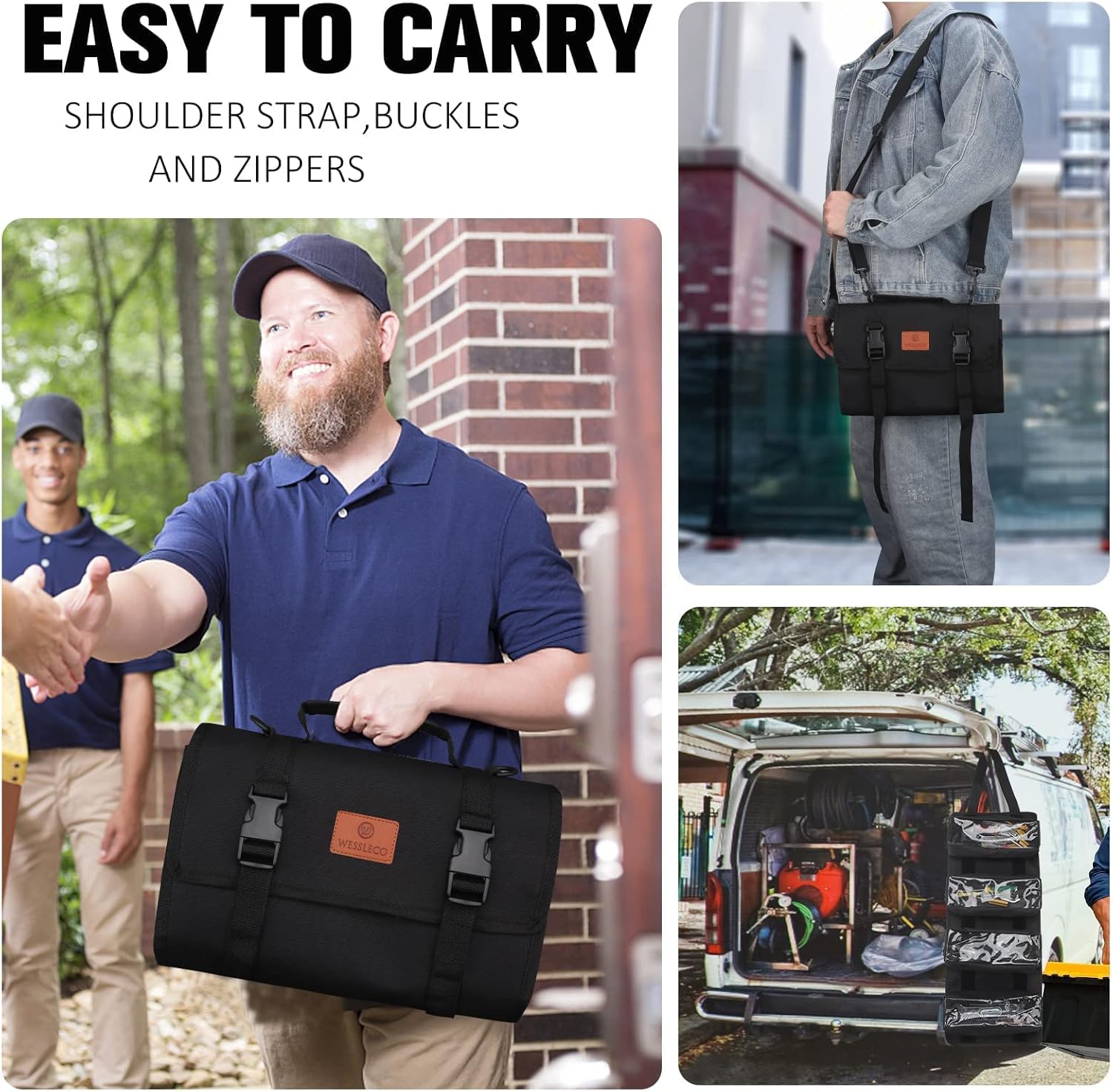 Tool Roll - Canvas Wrench Tool Organizer with 4 Pockets (Black)