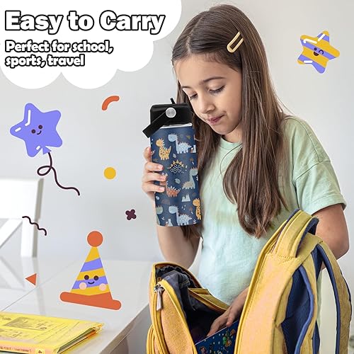 Miniatura 7 de Botella de agua de dinosaurio  Botella de agua de acero inoxidable de 16 onzas con popote  Lindo vaso aislado de dinosaurios para niños, vaso de