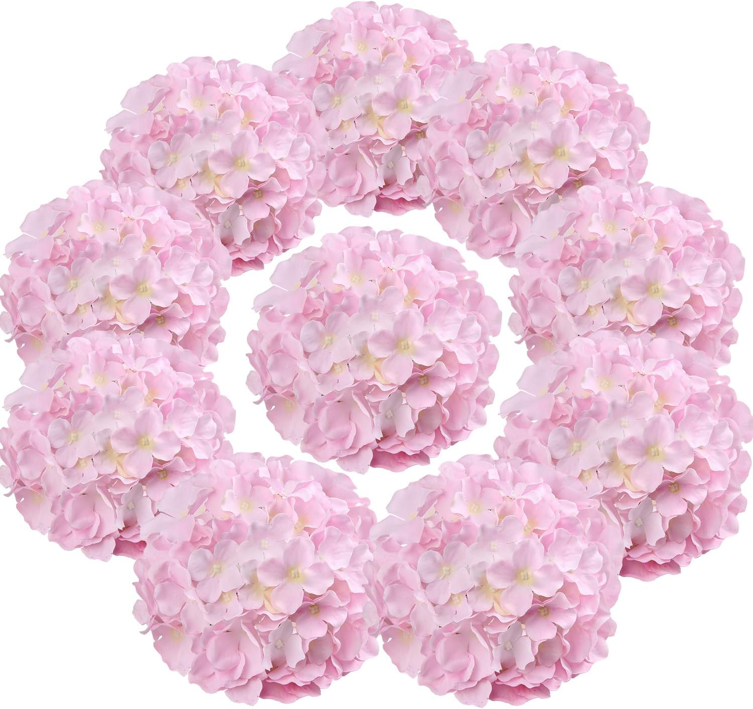 Flojery Silk Hydrangea Heads Artificial Flowers Heads with Stems for Home Wedding Decor,Pack of 10 (Pink)