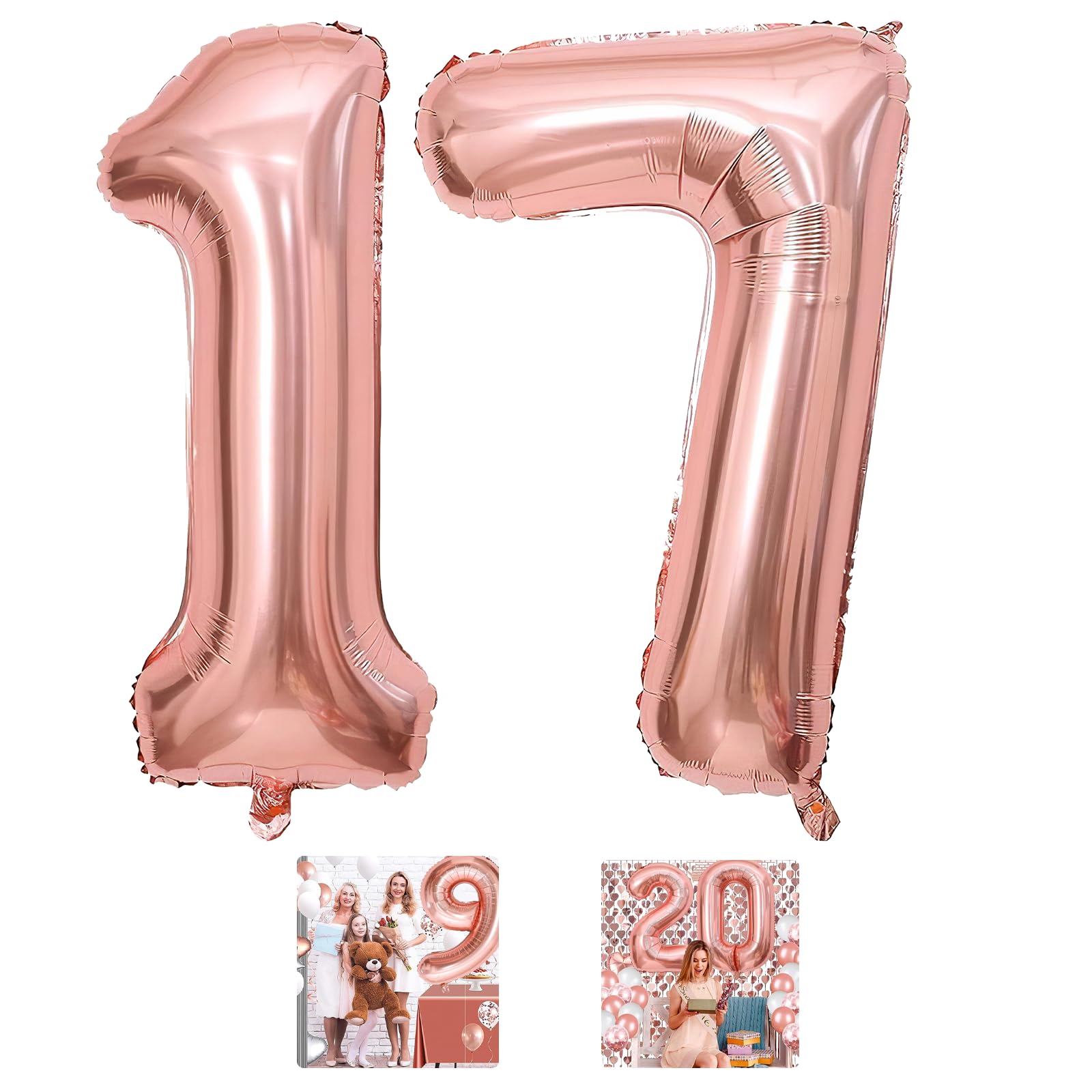 17 Number Balloon Rose Gold 40 inch Big Foil Mylar 17th Balloons for 17 Year Old Boy Girl Birthday Party Decorations Wedding Anniversary Events