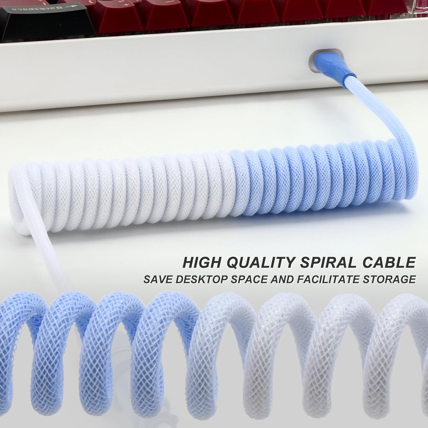 YIMAGUJRX Keyboard Coiled Cable,Custom Coiled Type-C to USB A Cable,Double-Sleeved Wire with 2 Generation Metal Aviator Connector for Mechanical Gaming Keyboard (Blue-White Mix)