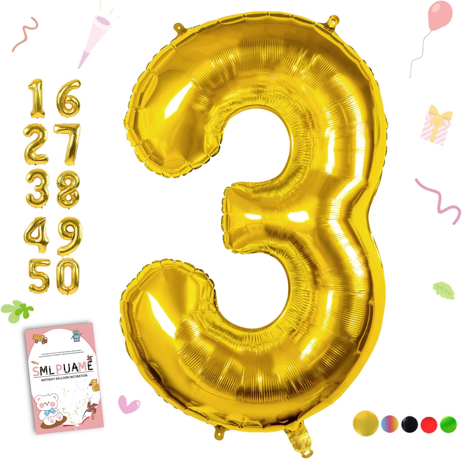 Smlpuame Gold Number 3 Balloons, 40 Inch Large Foil Balloon 0-9 Helium Digital Balloons, Self Inflating Number Balloon for 3th Birthday Party Celebration Decorations Supplies Wedding Anniversary