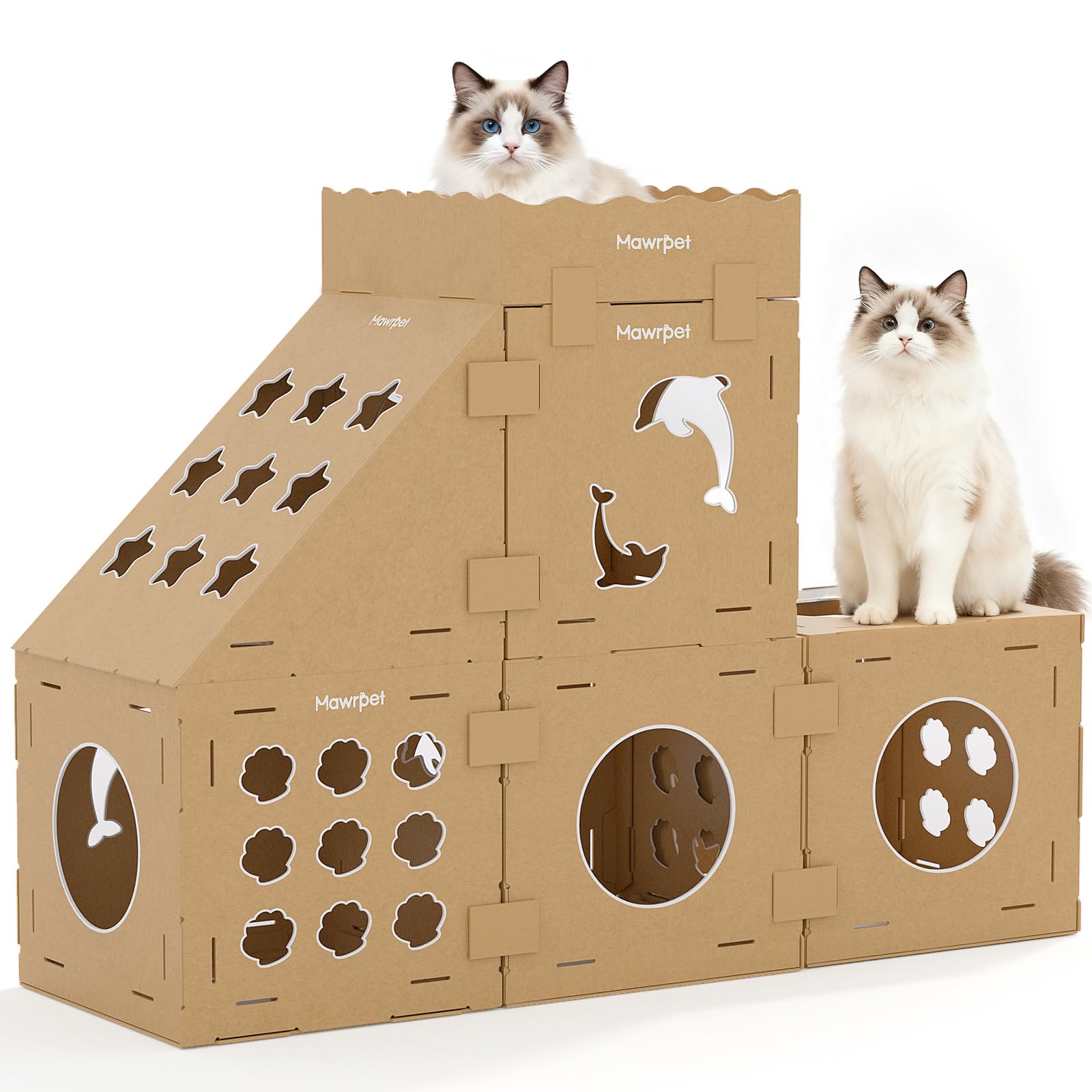 DIY Cardboard Cat House with Scratching Pad, Cat Tower Indoor Play House, Versatile Cardboard Cat Tunnel Box for One or More Pets, Indoor Use Rabbit Hideout Cave Castle Brown, 6 Parts