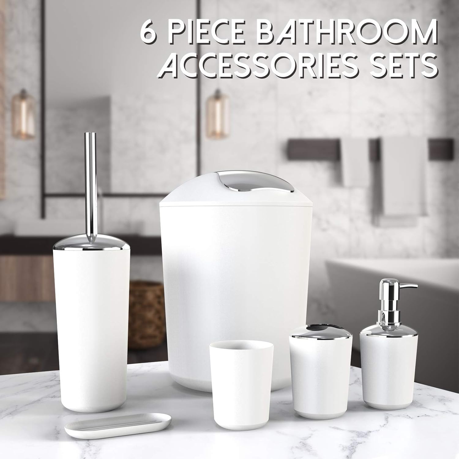 Bathroom Sets Accessories,Plastic 6 Piece Bathroom Accessory Set Bathroom Trash Can Set with Drawstring Trash Bags,Toothbrush Holder Set,Soap Dispenser,Tooth Mug,Soap Dish,Toilet Brush Holder(White)