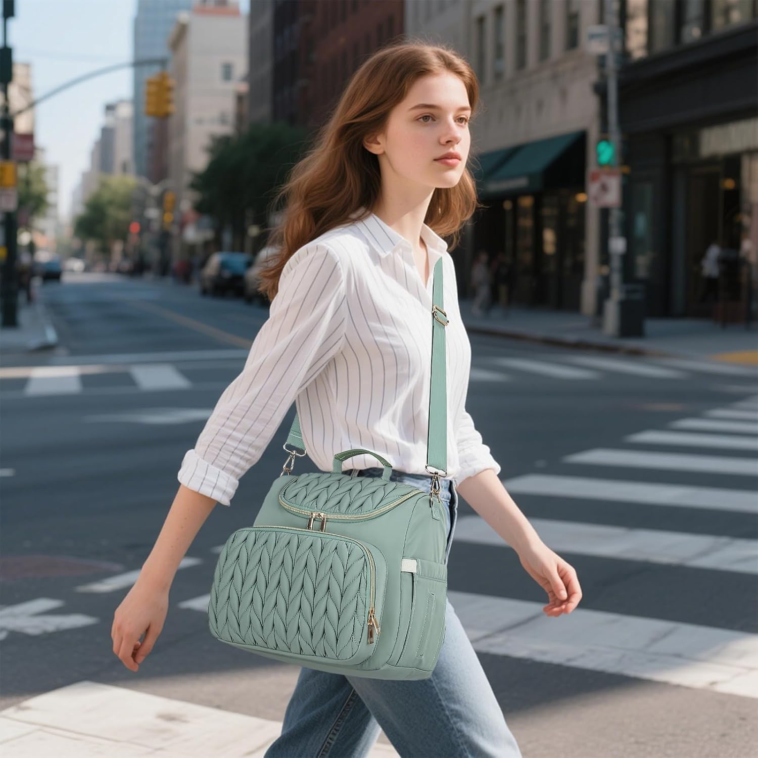 Small Diaper Bag Backpack, Quilted Mini Baby Crossbody Diaper Bag Tote for Mom (Matcha Green)