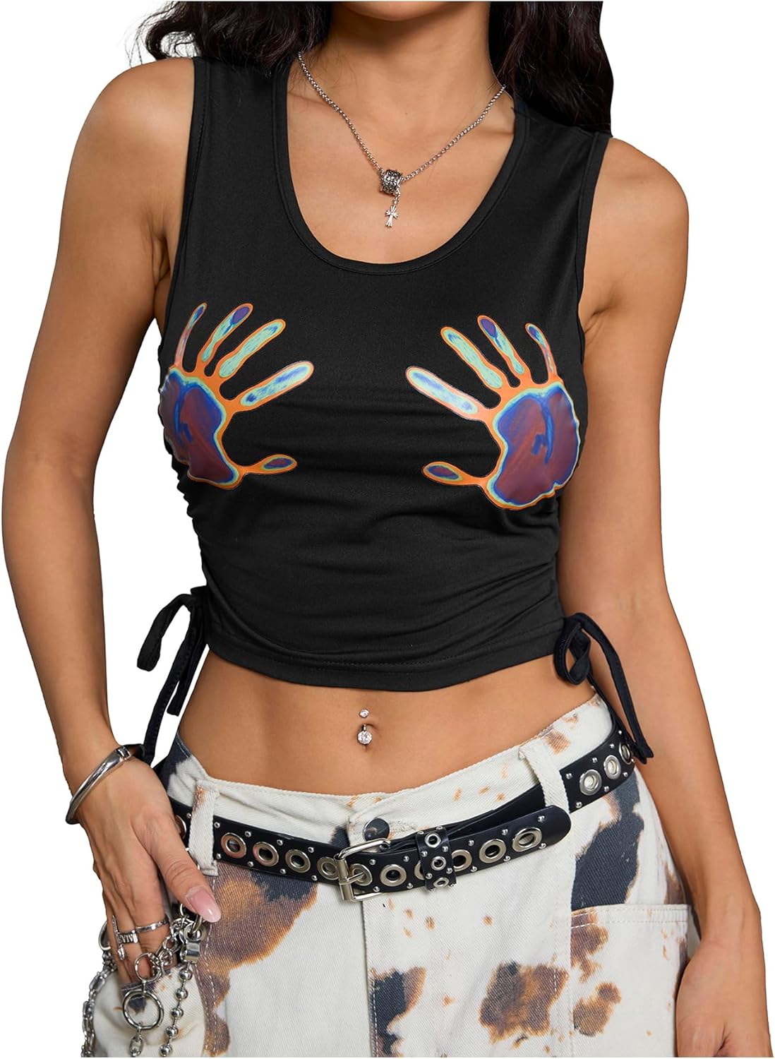 SHENHE Women's Summer Ruched Sleeveless Hands Print Crewneck Drawstring Tank Crop Tops