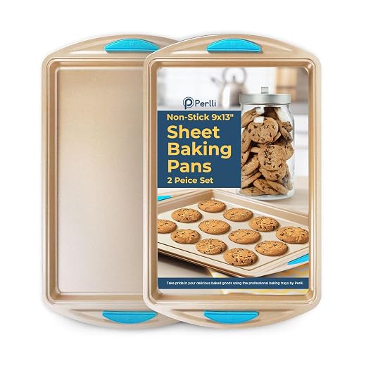 Perlli Baking Pan 8 Piece Set Nonstick Gold Carbon Steel Oven Bakeware Kitchen Set with Silicone Handles, Cookie Sheet, Roasting Pan, Lid, Square Pan, Pie Pan, Loaf Pan, Pizza Crisper, Muffin Pan