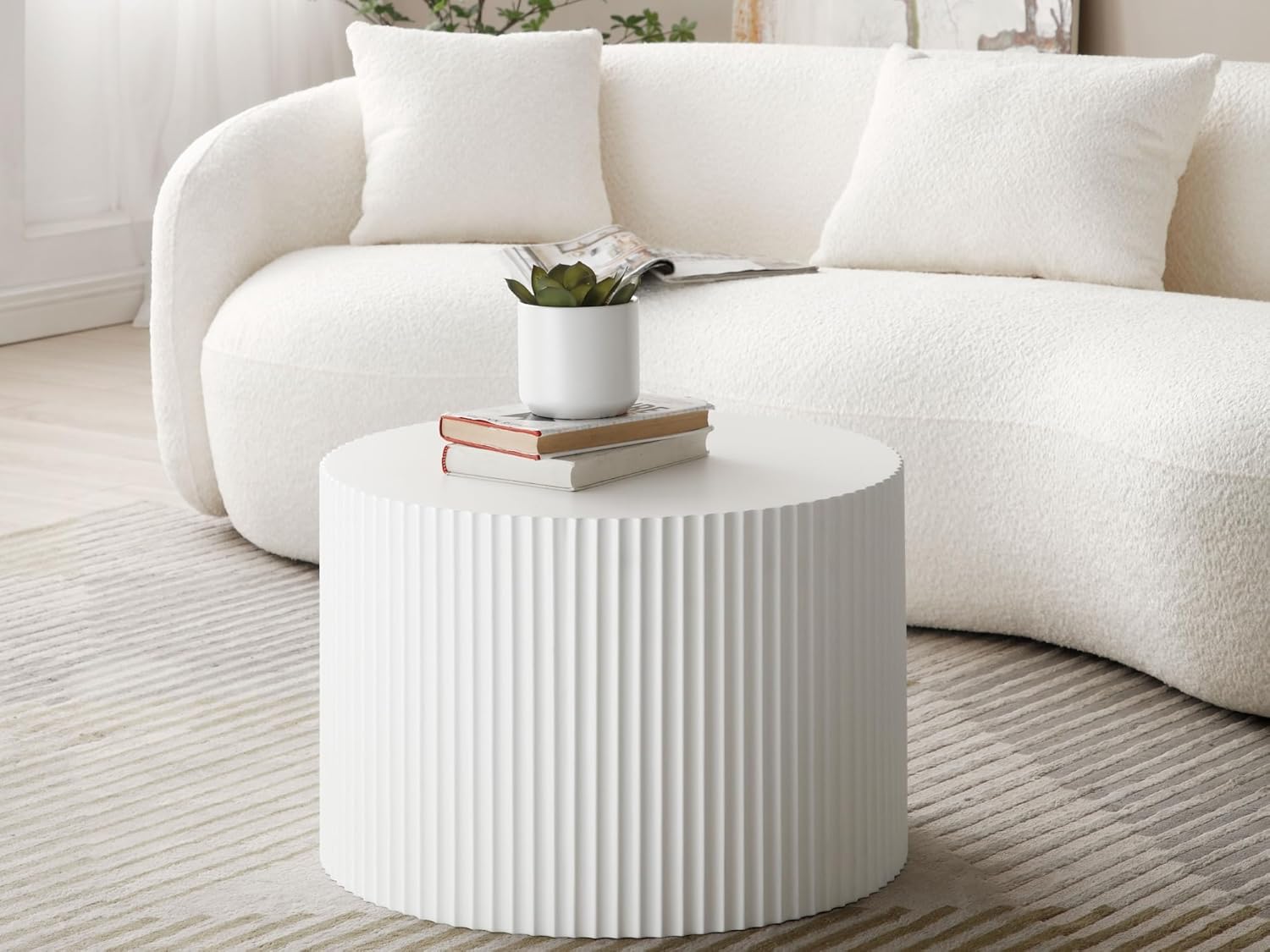 HMFULE Nesting Coffee Table Set of 2 Round Coffee Tables Cocktail Table End Table Drum Coffee Table for Living Room Matte White