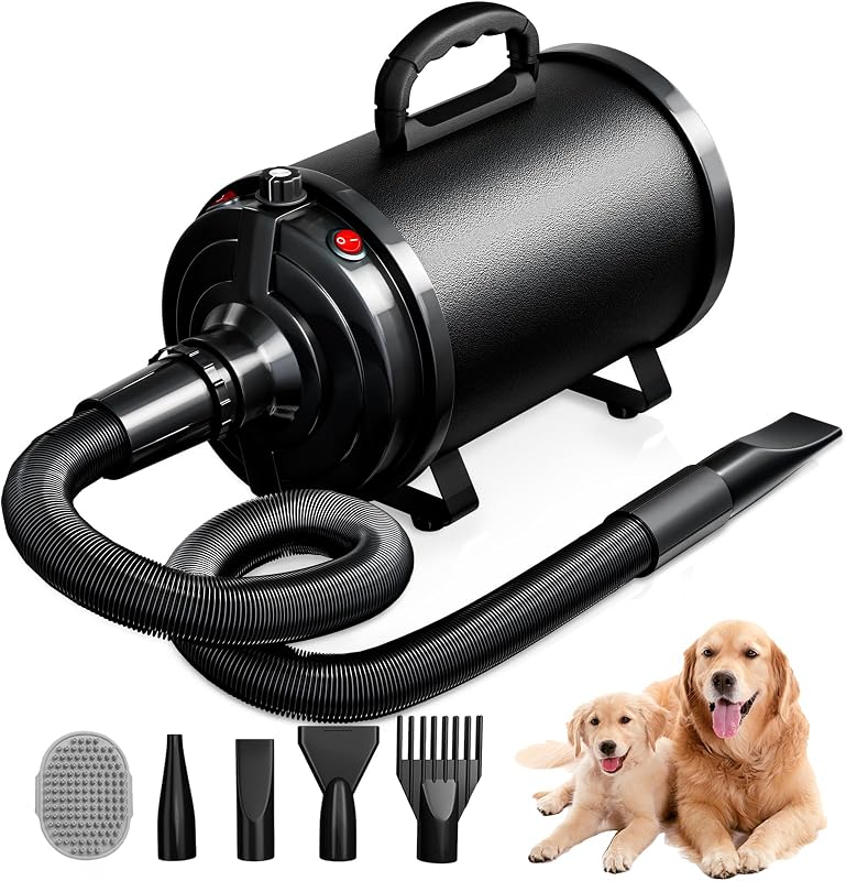 Secador de pelo para perros, secador de pelo para mascotas de alta velocidad, negro | Secador de pelo para perros, 3800W/5,2HP para perros grandes, velocidad ajustable continua, 4 boquillas diferentes, cepillo para perros incluido