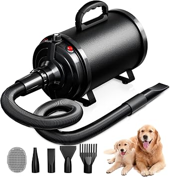 Dog Dryer Pet Hair Blower High Velocity for Grooming, Blow 3800W/5.2HP for Large Dogs Sechoir Pour Chien with Stepless Adjustable Speed, 4 Different Nozzles and Dog Brush,Black