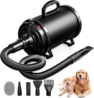 Hundefön Blower Sehr Leise 4.5 PS / 3200W Motor Einstellbare Geschwindigkeit, Hundepflege-Trockner-Gebläse mit 4 verschiedenen Düsen elastischem Schlauch und Pflegebürste