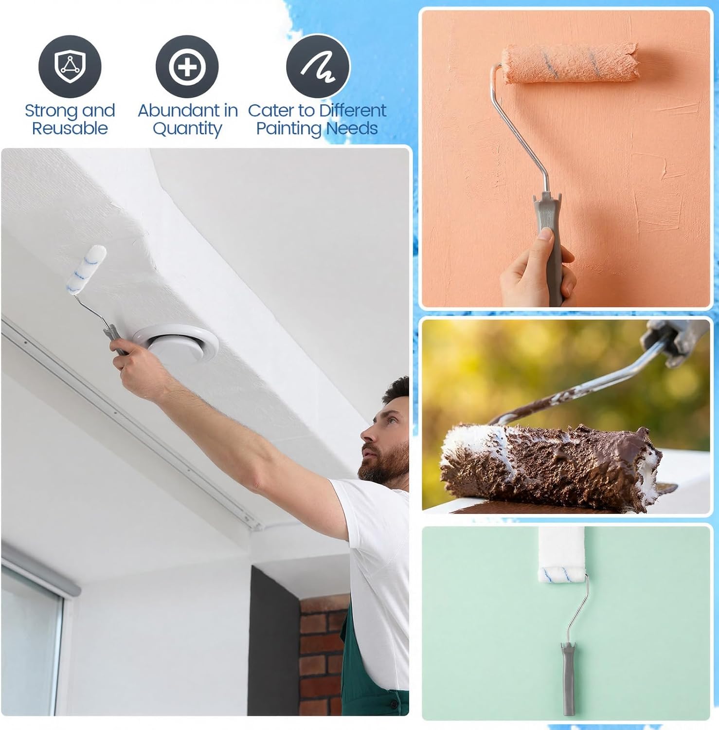 Leumoi 48 Pcs 4 Inch Mini Paint Roller Frame 12 Inch Long Paint Roller Handle Small Plastic Threaded Grip Handle for Extension Pole Use Brush Painting Supplies for Wall House Home, Galvanized (Grey)