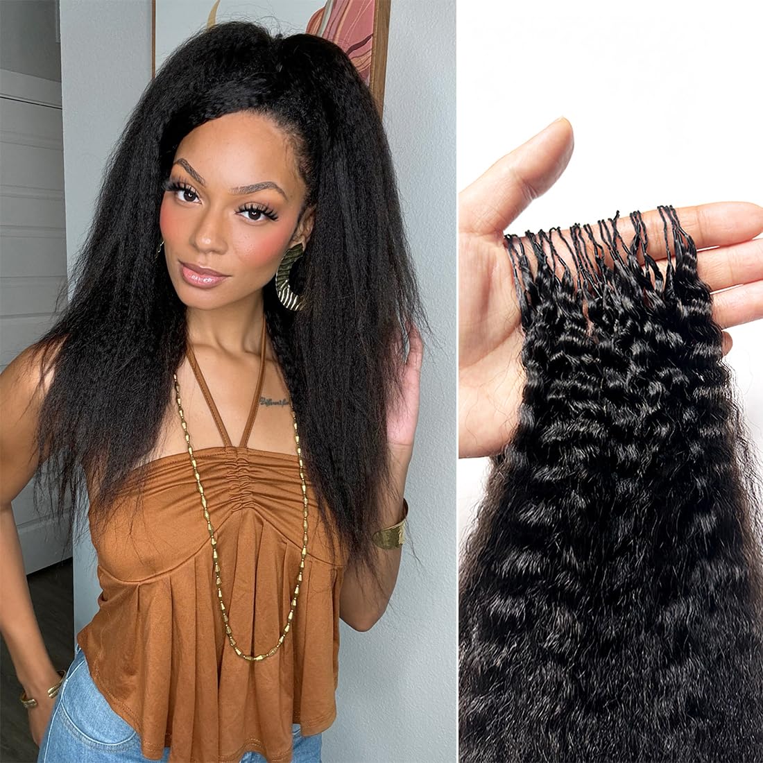 Kinky Straight Human Hair Crochet Knotless Pre-Separated Crochet Hair Extensions Feather Hair Line Extensions 100% Human Hair Natural Color 18 Inch