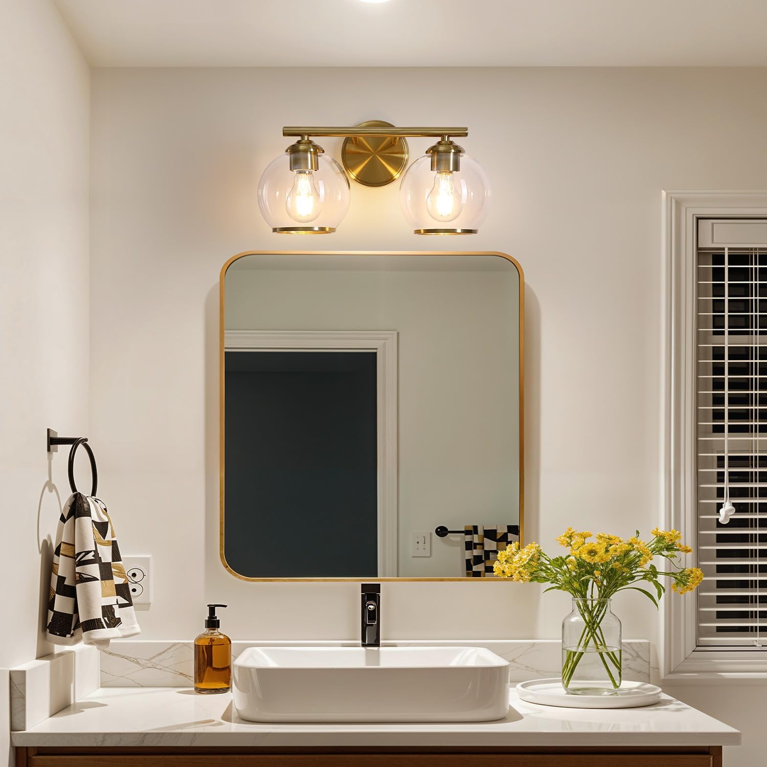Mecgirn Brushed Gold Bathroom Vanity Light Over Mirror, 2 Light Bathroom Light Fixtures with Clear Globe Glass Shade, Modern Vanity Lighting Wall Mounted