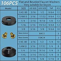 Vista 2 de 106 pcs Flat and Beveled Faucet Washers and Brass Bibb Screws Assortment for Use with Assorted Quick-Opening Style Faucets Stem Worn Out Washer