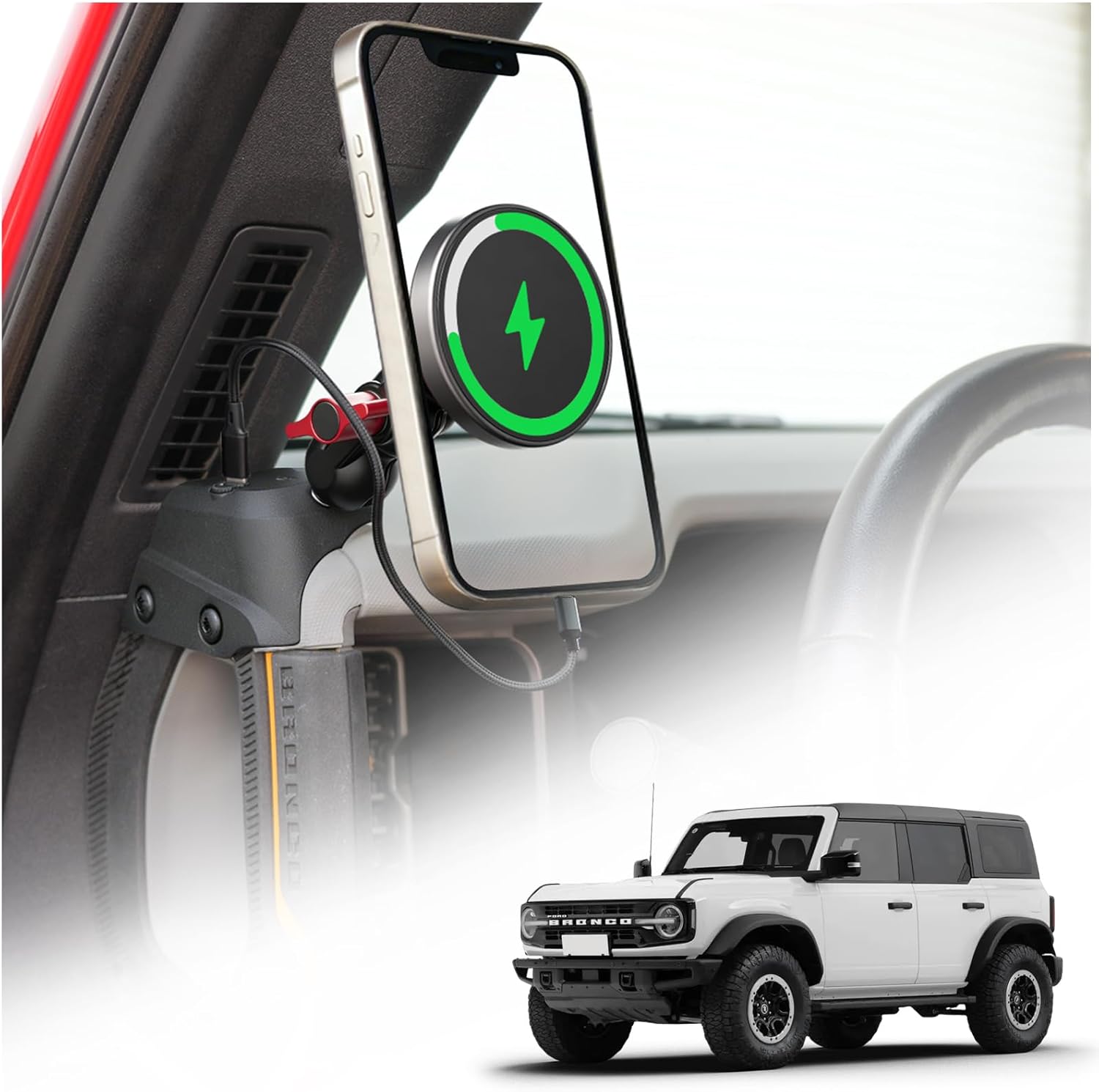 Magnetic Phone Holder with Charging C Port for Ford Bronco 2021 2022 2023 2024 2025 2026, Adjustable Angle 360° Phone Mount for Bronco Accessories