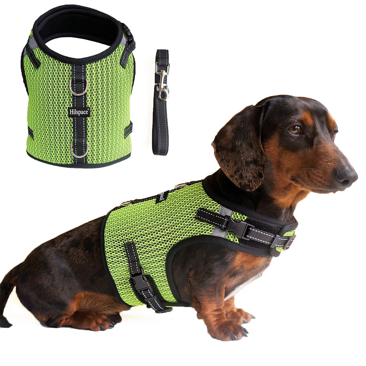 Hilspace Mini Dachshund Dog Harness - No Pit Irritation, Anti-Escape, Reflective, No-Pull, Breathable Mesh Dog Harness (Fluorescent Green, Size M: Chest 42-52 cm / 16.5-20.5 inches)