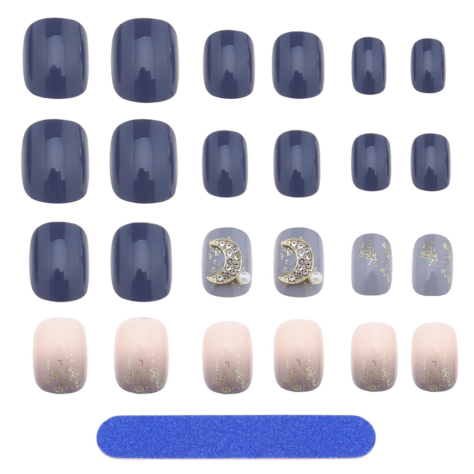 24Pcs Moon Fake Nail Gradient False Nails Rhinestone Moon Press on Nail Full Cover Art Fake Nails with Glue Stickers Nail Accessories for Women Lady