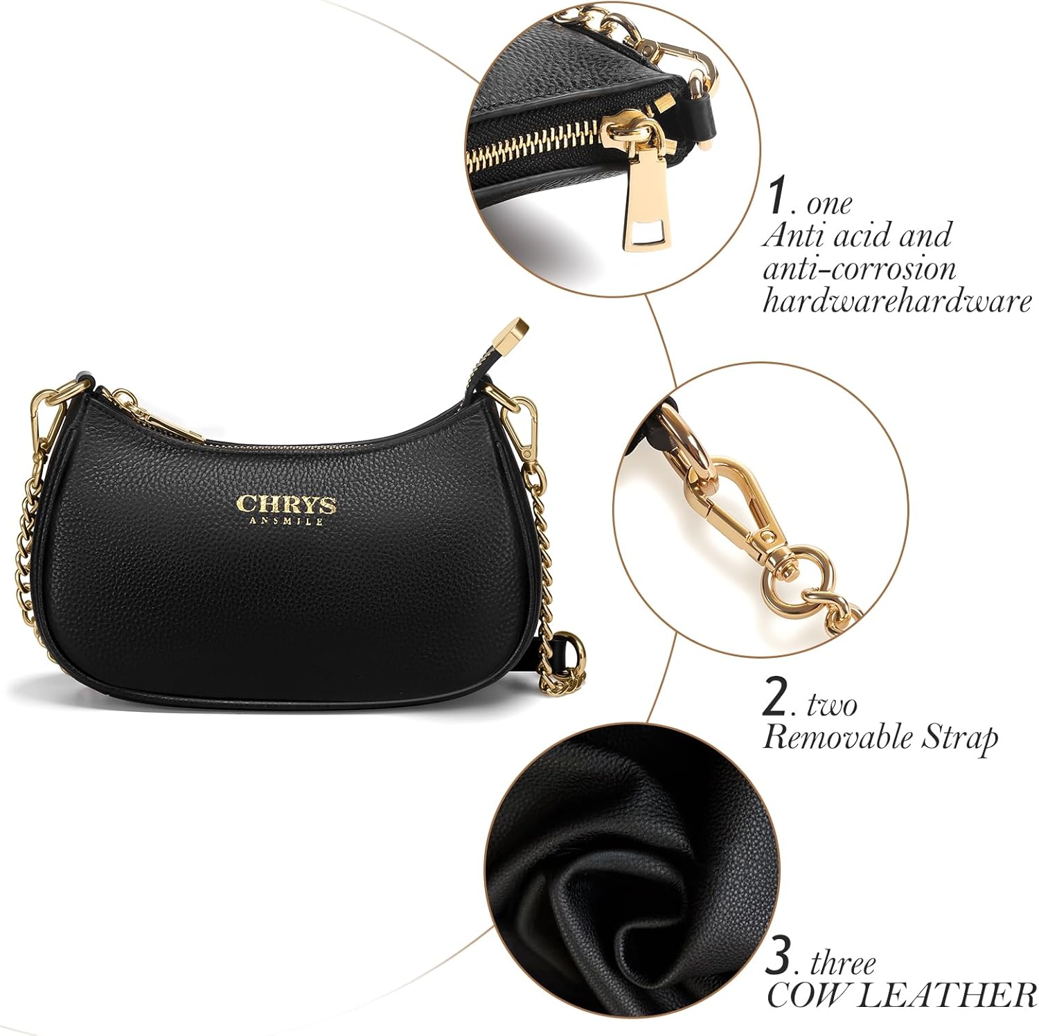 Chrysansmile Crescent Shoulder Bags Small Purses for Women Genuine Leather Underarm Purse Half Moon Clutch bag - Image 3