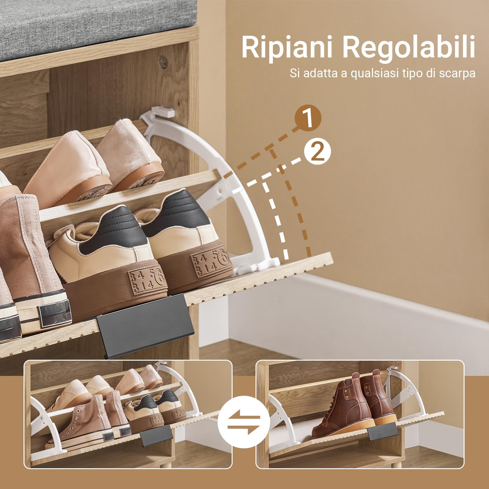 SoBuy Panca Scarpiera con Cuscino e Ribalta 60x24x50cm per Ingresso | Scarpiera contenitore salvaspazio slim, in legno chiaro e grigio, ideale per corridoio FSR199-N
