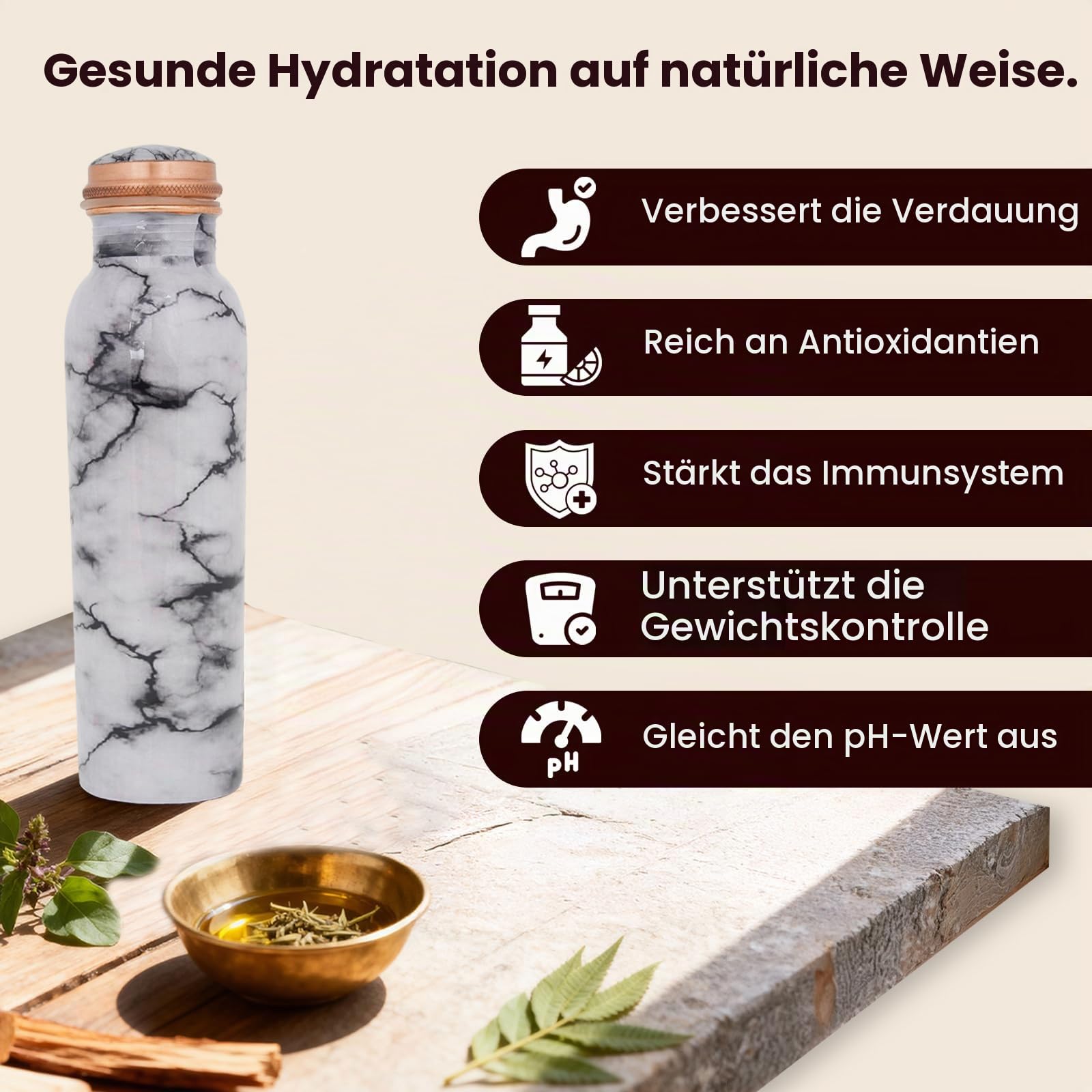 Craft Trade Trinkwasserflasche Kupfer Trinkflasche Rein Weiß Flasche Wasserflasche mit Deckel und Tragetasche 34oz/1000 ml Auslaufsicheres Ayurveda Kupferflasche für Büro und Yoga- 2