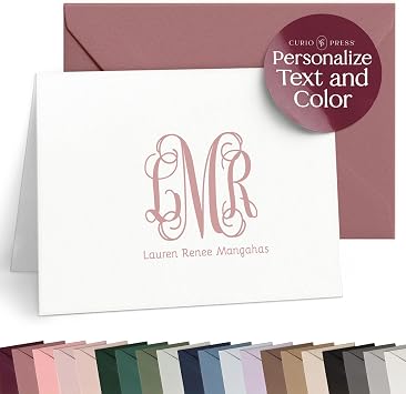 Curio Press Personalized Stationery for Women & Men, Folded Thank You Cards with Custom Notecards, Personalised Cards with Envelopes, Name & Initials Monogrammed, Custom Stationery - Vine Mono Fold